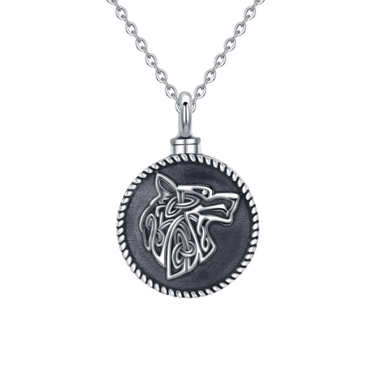 Runic Wolf Head Cremation Necklace Sterling Silver