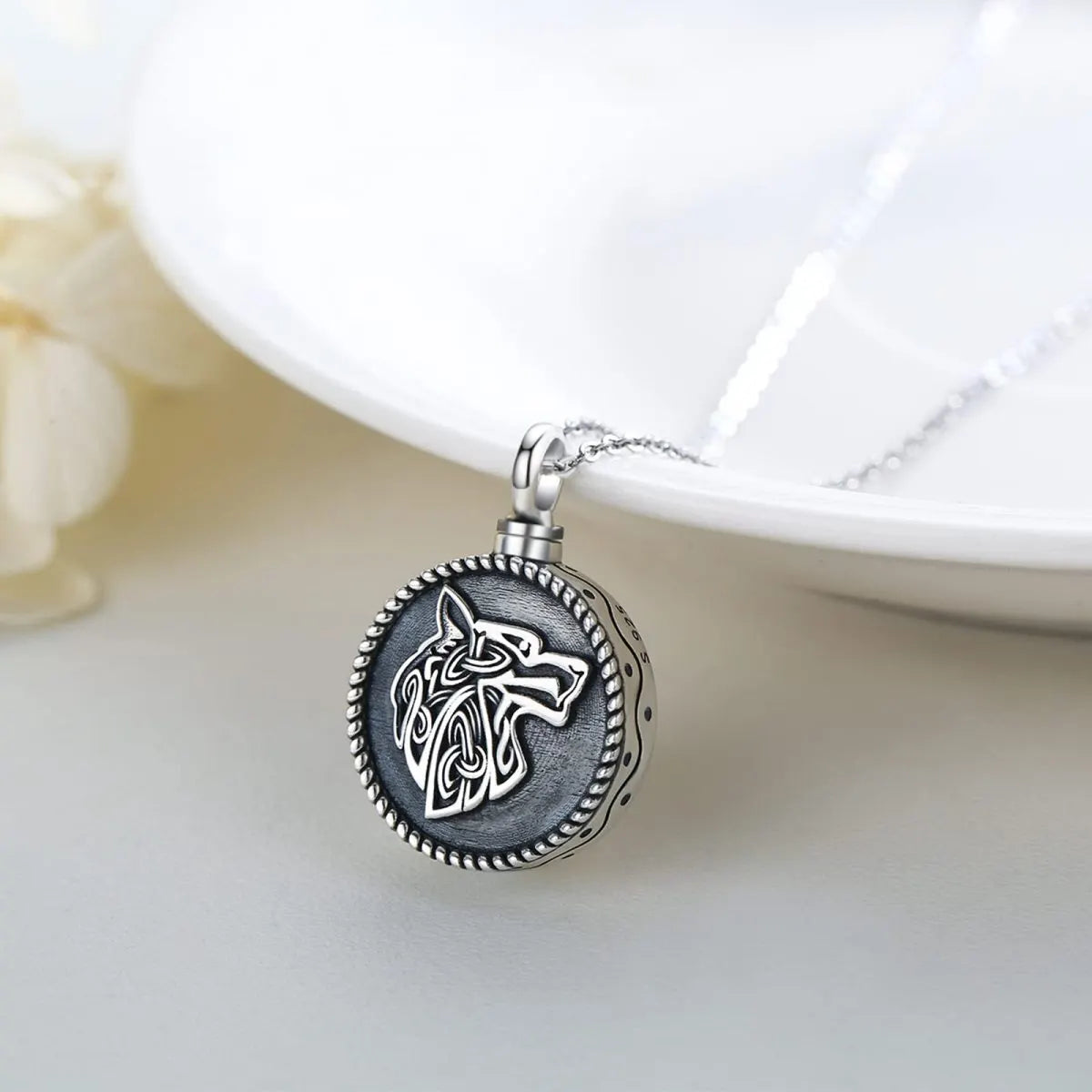 Runic Wolf Head Cremation Necklace Sterling Silver