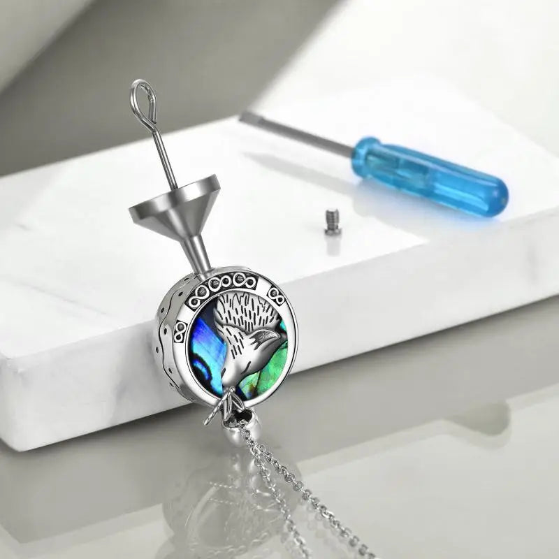 Abalone Wolf Cremation Necklace Sterling Silver