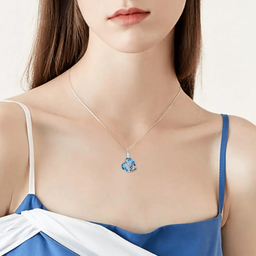 Blue Crystal Heart Wolf Cremation Necklace Sterling Silver