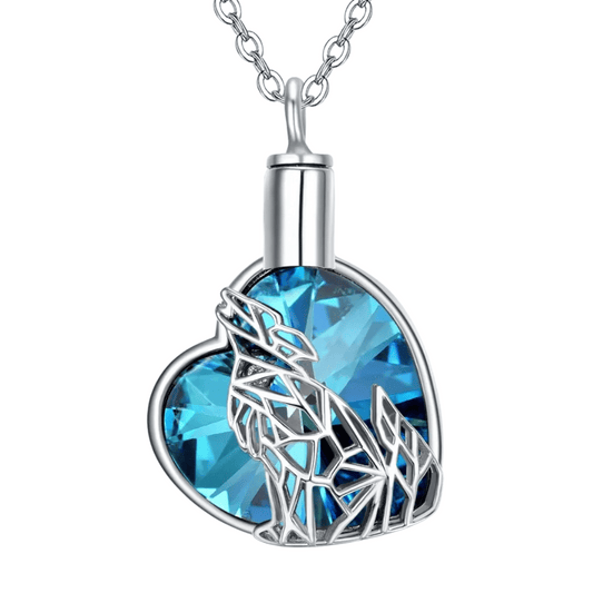 Blue Crystal Heart Wolf Cremation Necklace Sterling Silver